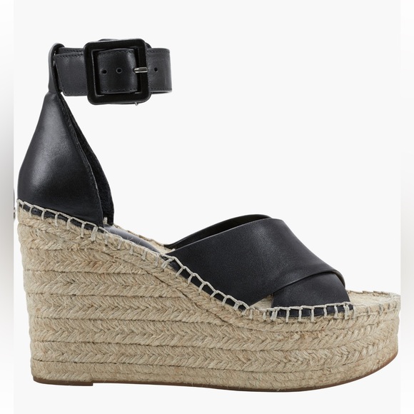 MARC FISHER ❤️🔥 BLACK LEATHER ESPADRILLE PLATFORM WEDGE NWT SIZE 10 - Picture 2 of 9
